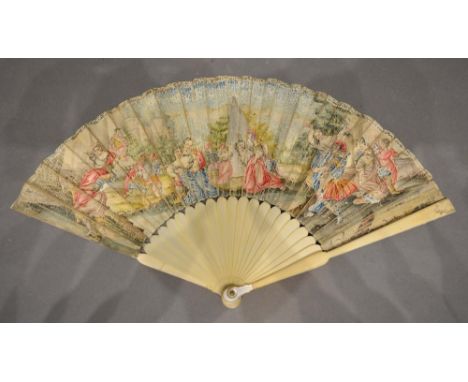 An 18th Century Ivory and Vellum Leafed Fan with ivory sticks and ivory and mother of pearl guards, the leaf hand painted wit