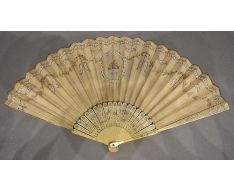 An Early 18th Century Paper Leaf Fan painted with bows and swags and mounted with sequins, the ivory sticks and guards with s