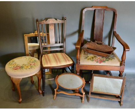 An Edwardian Marquetry Inlaid Side Chair, together with a similar armchair, three mirrors, a tapestry top stool and a wooden 