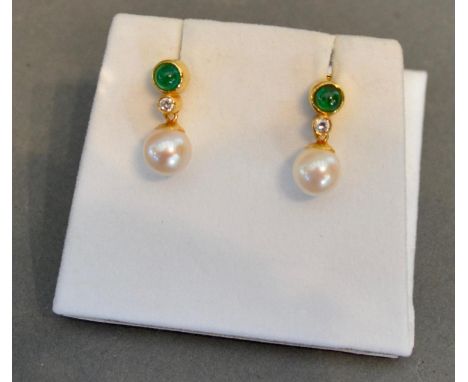 A Pair of 18 Carat Gold Diamond, Emerald and Pearl Set Drop Ear Studs 