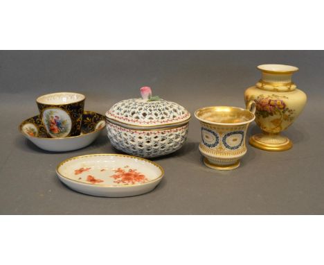 A Royal Worcester Blush Ivory Squat Vase, together with a French cup and saucer and various other ceramics 