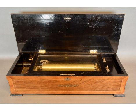 A 19th Century Swiss Musical Box playing ten airs, the rosewood crossbanded case inlaid with musical instruments and with 28c