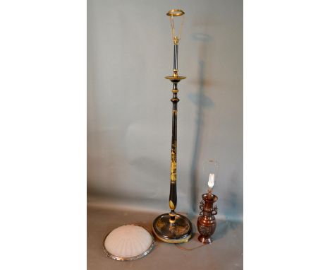 A 20th Century Lacquered Lamp Standard, together with a Japanese two handled vase converted to a lamp and and Art Deco style 