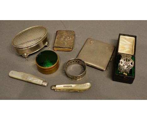 A Birmingham Silver Oval Jewellery Casket, together with a silver cigarette case and various other items to include folding s
