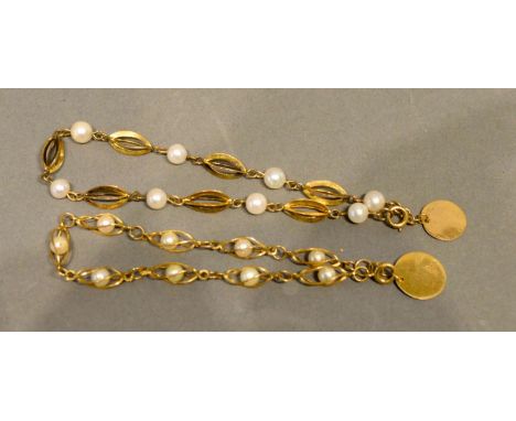 A 14 Carat Gold Pearl Set Bracelet, together with another similar 14 carat gold pearl set bracelet, 8.1 grammes 