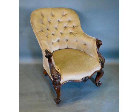 A Victorian Rosewood Drawing Room Chair, the button upholstered back above a stuff over seat with carved scroll arms on cabri