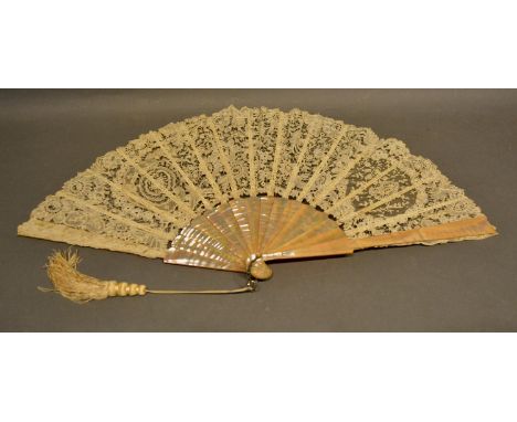 A 19th Century Brussels Mother of Pearl Fan with foliate needlepoint and woven bobbin and needle lace, with mother of pearl s