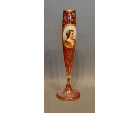 A Bohemian Ruby Glass Specimen Vase, hand painted with a reserve depicting a classical female highlighted with gilt, 26cm tal