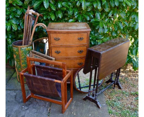 A 20th Century Walnut Bow-Fronted Bedside Chest of four drawers, together with a Victorian Sutherland table, a magazine stand