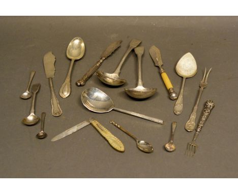 A Silver and Mother of Pearl Folding Fruit Knife, together with a small collection of silver to include two Georgian small la