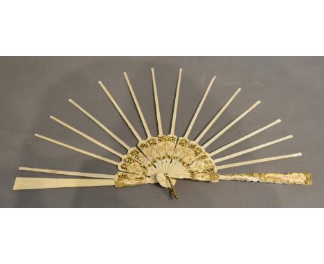 A Set of 19th Century Carved Sticks and Guards for a Fan, the sticks with pierced mother of pearl decoration with similar gua