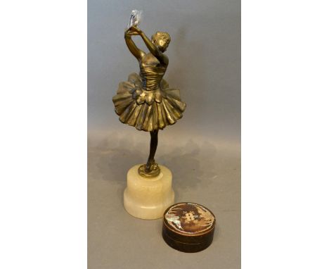 A Spelter Ballerina upon shaped socle, 27cm tall, together with a small mother of pearl inlaid circular box 