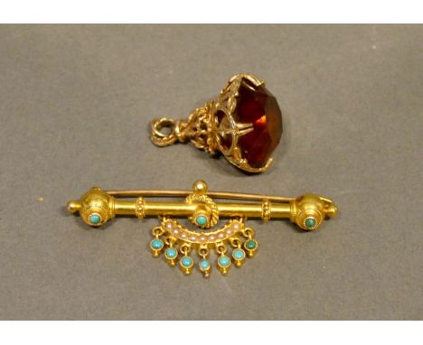 A Yellow Metal Turquoise and Seed Pearl Set Bar Brooch, together with a 9 carat gold mounted citrine fob 