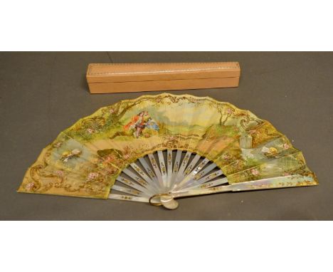 A 19th Century Mother of Pearl Fan, hand-painted with figures in a landscape, musical instruments and score, with sequin high