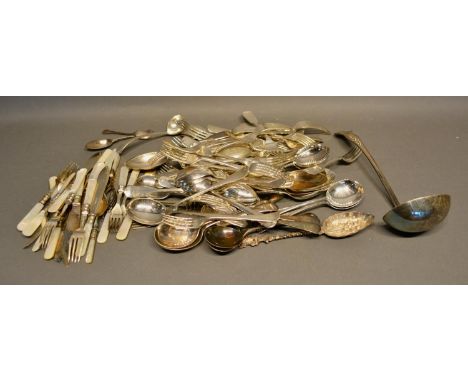 A Collection of Silver Plated Flatware to include forks, spoons and mother of pearl handled fish knives and forks 