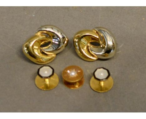 A Pair of 18 Carat Gold Pearl Set Dress Studs, together with another similar dress stud and a pair of 18 carat gold ear clips