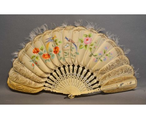 A Jenny Lind Fan, the silk feather style leaves hand painted with a peacock amongst foliage, the pierced sticks highlighted w