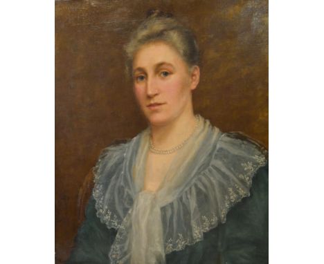 Emma Magnus, 1856-1936, Half Length Portrait of an Edwardian Lady with Lace Collar and Pearl Necklace, oil on canvas, signed,
