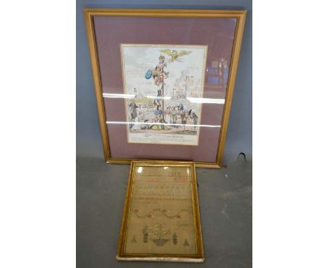 An Early Woolwork Sampler, 29 x 20cm, together with an early print of Louis XVIII 