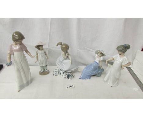 One Lladro and four NAO by Lladro figurines - Lladro ref. 5466 "Chit Chat" (Girl on the phone - handset missing), "Listening 