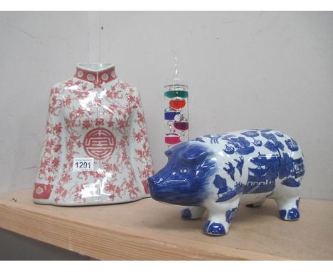 Mao jacket vase, blue and white pig money box and Galileo thermometer (money box has no stopper and in need of a clean) Colle