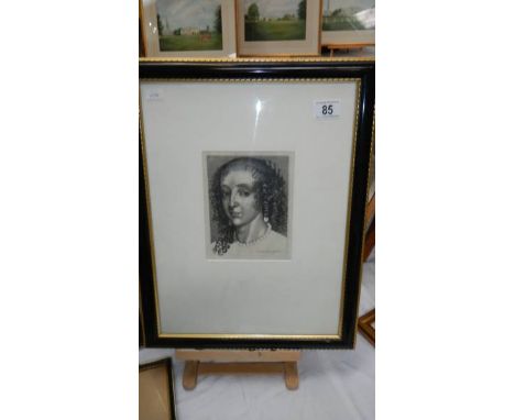 A framed and glazed portrait engraving of a lady, dated 1641. 36 x 47 cm.