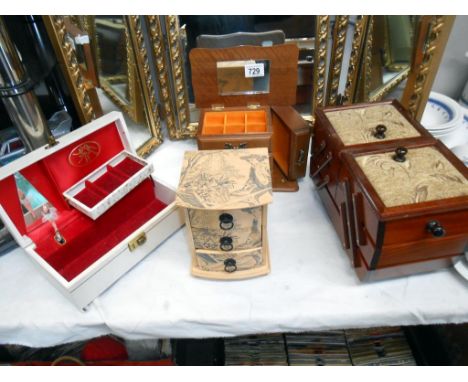 3 vintage jewellery boxes and a sewing box (musical box with dancer is slightly a/f with inner shelf, missing screw)