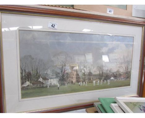 A framed and glazed print entitled 'The Opening Match' from a painting by Roy Perry R I.  Image 56.5 x 27.5 cm, frame 74 x 46