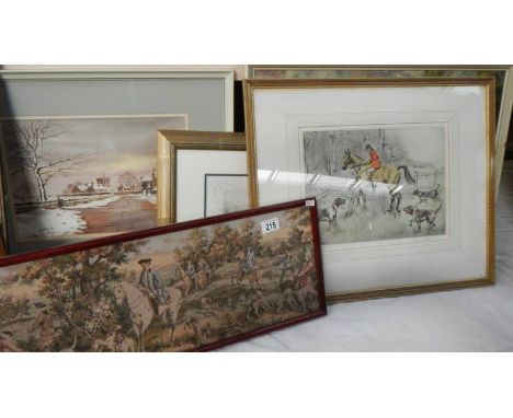 A tapestry of a hunting scene and another hunt related picture.