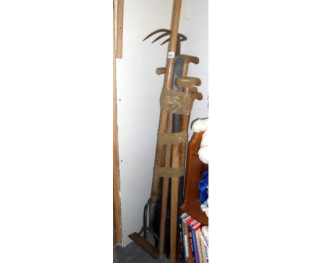 8 vintage garden tools including forks, spades, hoe etc.