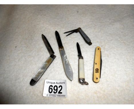 2 silver MOP penknives and 3 other vintage penknives