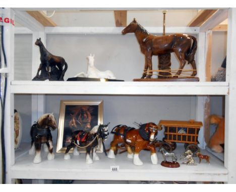 A vintage horse lamp (no shade and needs re-wiring) and quantity of other horses, picture and caravan (caravan a/f)