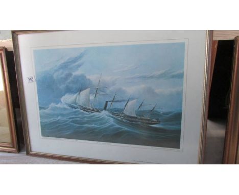 A framed and glazed print of I K Brunel's Iron Screw Steamship Great Britain, from a lithograph by H Pappril after a painting