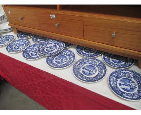 A set of 12 vintage blue and white plates with boating scene  Diameter 20.5cm.