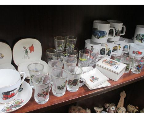 A quantity of car related mugs/cups, glasses, decorated with vintage cars