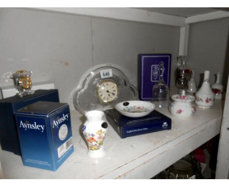 An Edinburgh crystal bell, Aynsley porcelain, glass clock etc. some boxed