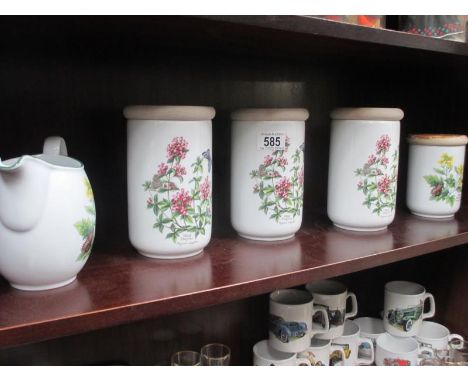 4 Royal Worcester storage jars and a jug with Worcester Herbs decoration