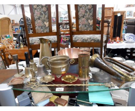 A selection of brass and copper including early bugle a/f, grandfather clock bell, Sankey jug etc.