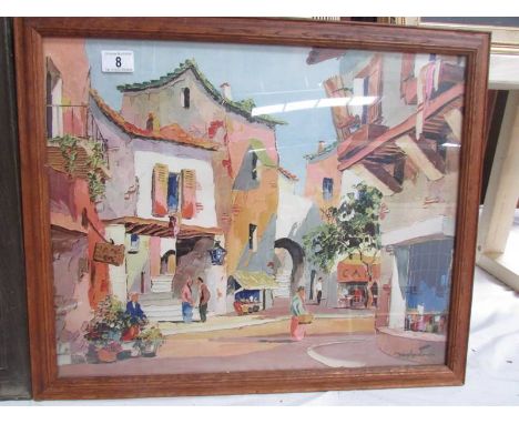 A framed and glazed continental street scene print signed Toyly John, image 53 x 43 cm, frame 60 x 50 cm. ****Condition repor