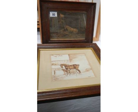 An oak framed watercolour stable scene and an oak framed stable scene print,   83 x 33 cm and 31 x 25 cm.