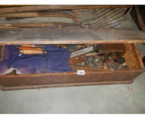An old pine tool box and tools.
