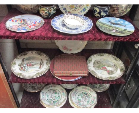 3 shelves of vintage cabinet plates etc.