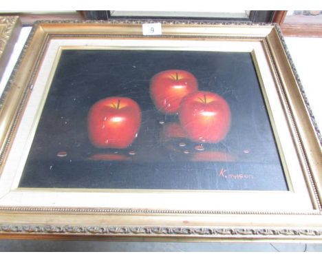 A still life oil on canvas 'Red Apples' signed K Mason. Image 38.5 x 29 cm,  framed 52 x 43 cm.
