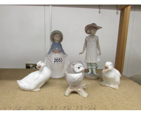 2 NAO by Lladro girl figures, 2 ducks and an owl.