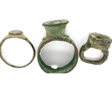 Three Medieval rings, two with stones missing, one with Intaglio cross. P&amp;P Group 0 (£5+VAT for the first lot and £1+VAT 