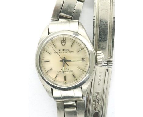 Boxed ladies Tudor Princess Oysterdate self winding stainless steel wristwatch, working at lotting. Non original strap good c
