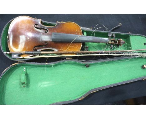 Nicolaus Amatus childs violin, made in Cremona with single piece back construction, bow and case. P&amp;P Group 3 (£25+VAT fo