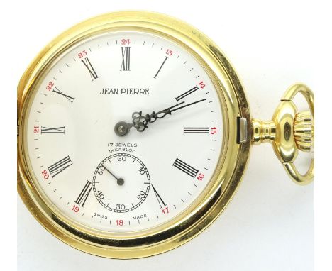 Jean Pierre: modern gold plated crown wind half hunter pocket watch, working at lotting. P&amp;P Group 1 (£14+VAT for the fir