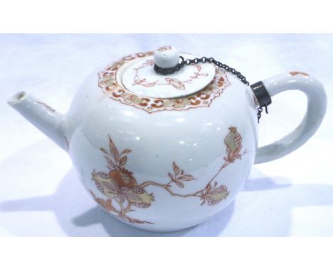 Chinese ceramic teapot painted with pomegranates, H: 11 cm. Seven large chips to lid, handle has been reglued, crack to base.