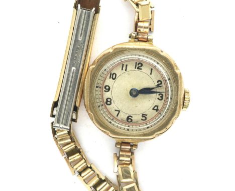 9ct gold cased ladies Swiss manual wind wristwatch on a rolled gold bracelet, working at lotting. P&amp;P Group 1 (£14+VAT fo